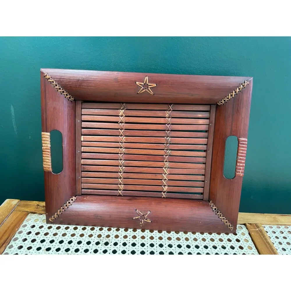 Wood Serving Tray Leather Laced Southwest Western Farmhouse 13.5